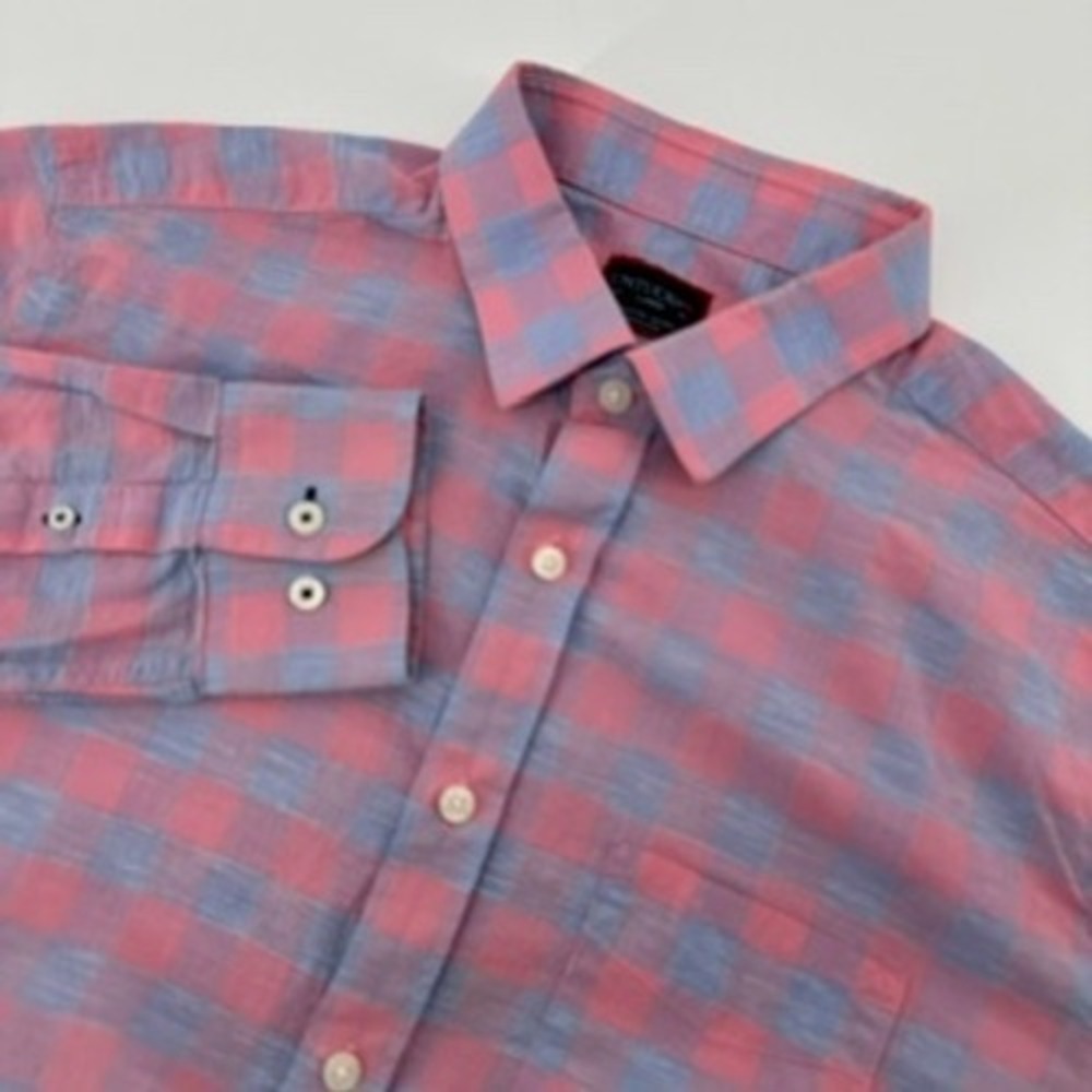 UNTUCKIT Mens Button Down Shirt Large Anderson Plaid Cotton Linen Pink‎ Blue